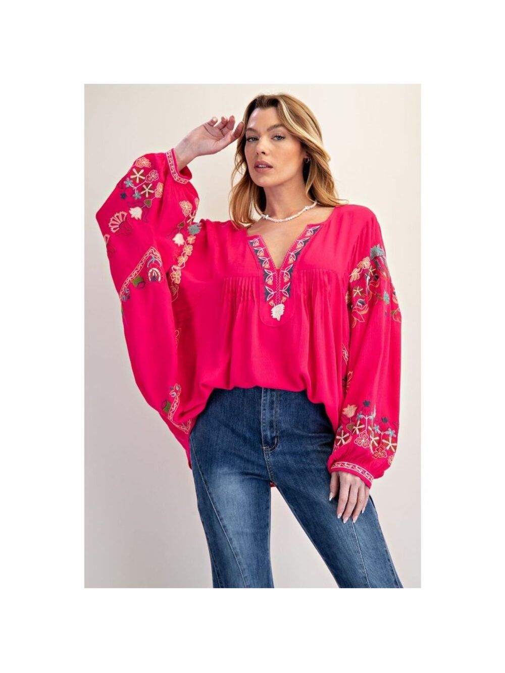 easel “Bianca” Pink Embroidered V-Neck Peasant Tunic NWT